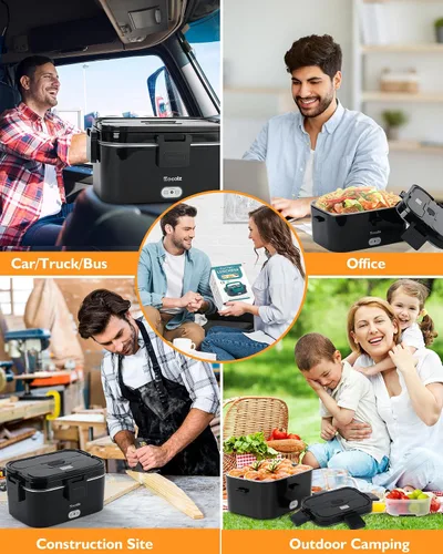 Miniatura 6 de Eocolz Fiambrera eléctrica calentador de alimentos de 100 W, calentador de alimentos con doble contenedor, 1.8 L, lonchera portátil con calefacción