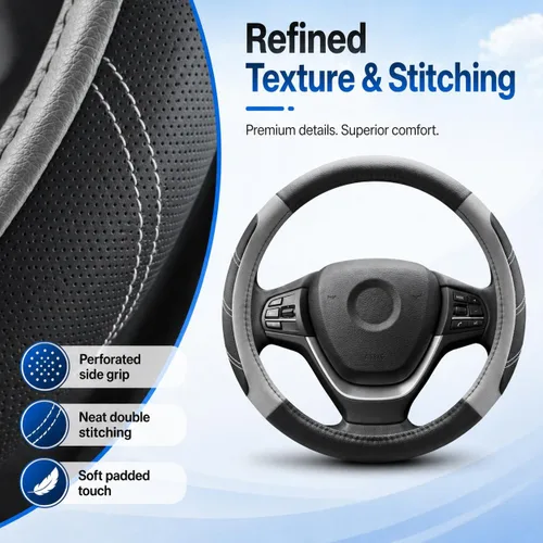 Miniatura 5 de Elantrip Funda de volante de cuero deportivo 14 1/2 pulgadas a 15 pulgadas universal, acolchada, de agarre suave y transpirable para coche, camión