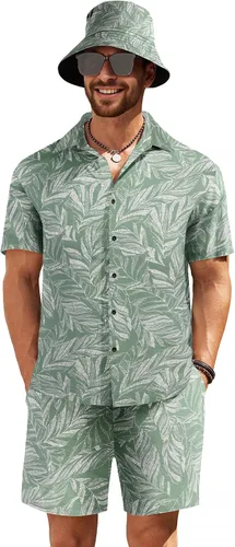 COOFANDY Conjunto de camisa hawaiana y pantalón corto para hombre, traje de playa de 2 piezas con sombreros de pescador
