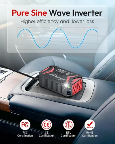 Miniatura 2 de BESTEK Inversor de corriente de onda sinusoidal pura – 300 W enchufe de coche en la salida del cargador DC 12 V a 110 V CA – Adaptador de encendedor