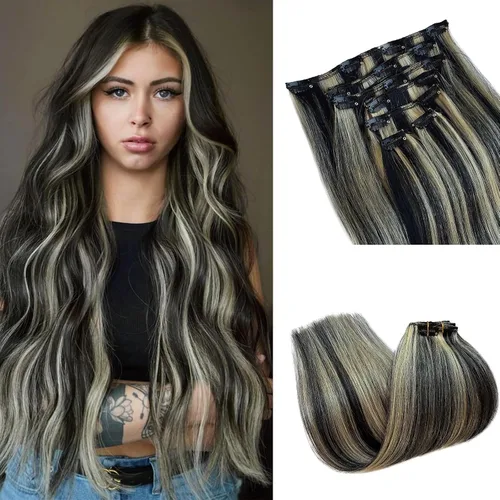 Miniatura 19 de Extensiones de cabello rubio ceniza con reflejos, extensiones de cabello humano real con clip, de 12 pulgadas, 2.47 onzas, doble trama, invisible