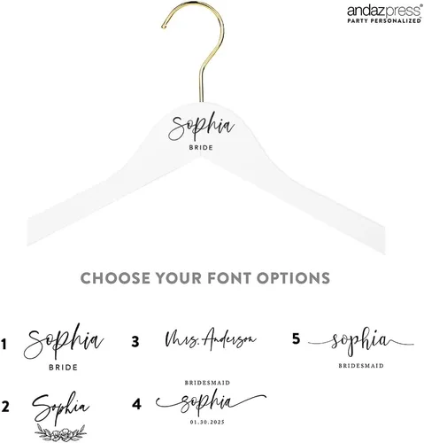 Miniatura 4 de Andaz Press Percha de novia personalizada, madera blanca de primera calidad para vestido de novia, vestidos de dama de honor, fiesta nupcial, regalo