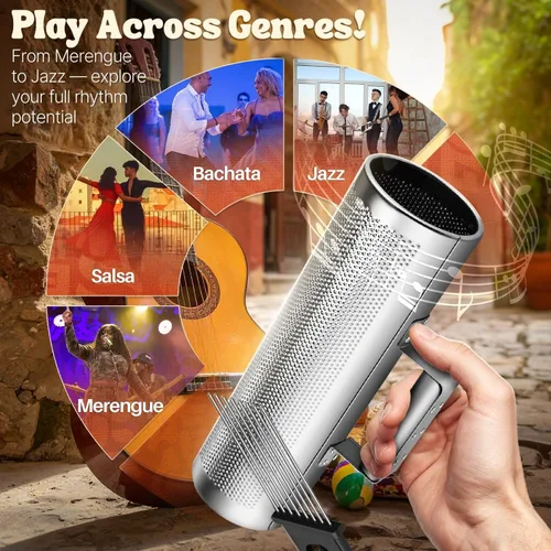 Miniatura 6 de Flexzion Güiro de Metal con Raspador Shack de 4" x 12" - Merengue Guira Dominicana - Instrumento Musical de Percusión de Mano de Cilindro Redondo