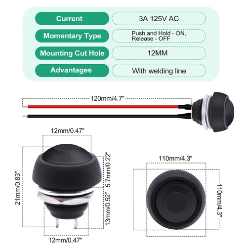 Miniatura 2 de Twidec /6 unids interruptor de botón momentáneo de 0.472 in agujero de montaje de 1/2 "encendido apagado mini redondo impermeable negro con cables
