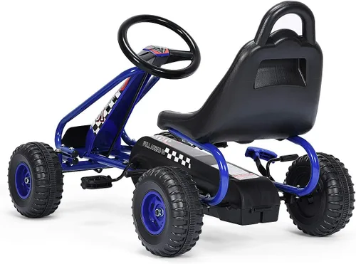 Miniatura 9 de HONEY JOY Go Kart para niños, carrito de 4 ruedas alimentado por pedal con volantes y asiento ajustable, freno de mano de seguridad, neumáticos Azul