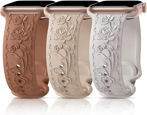Miniatura 15 de 3 Packs Floral Engraved Bands Compatible with Apple Watch Band 40mm 41mm 38mm 42mm 44mm 45mm 49mm for Women, Silicone Cute Embossed Rose Apple Watch