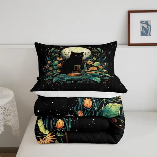 Miniatura 4 de Castle Fairy Juego de edredón con diseño de gato lindo para niños, tamaño twin, juego de ropa de cama con hojas de flores, luna, noche y cielo