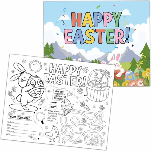 KFNER Manteles individuales de papel para colorear de Pascua, hojas para colorear de primavera, actividades de fiesta de Pascua para niños, tapetes