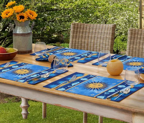 Home Bargains Plus Blue Sun - Manteles individuales de tela mediterránea, diseño de medallón costero y vida marina, resistentes al agua y a las
