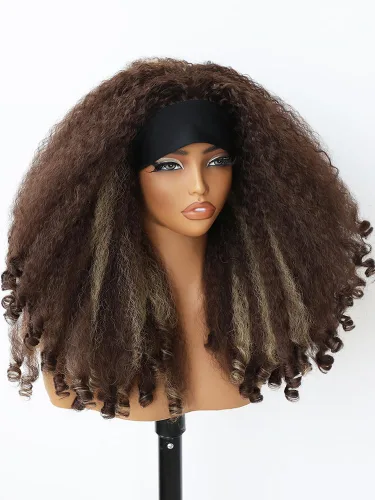 Miniatura 13 de SOKU Nueva peluca rizada afro con diadema, textura de cabello sintético trenzado con rizos únicos en el extremo, negro de 20 pulgadas, pelucas
