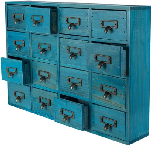 Gabinete de boticario con 16 cajones con mesa, baúles y gabinetes de boticario, gabinete para catálogo de tarjetas de biblioteca, caja de Azul