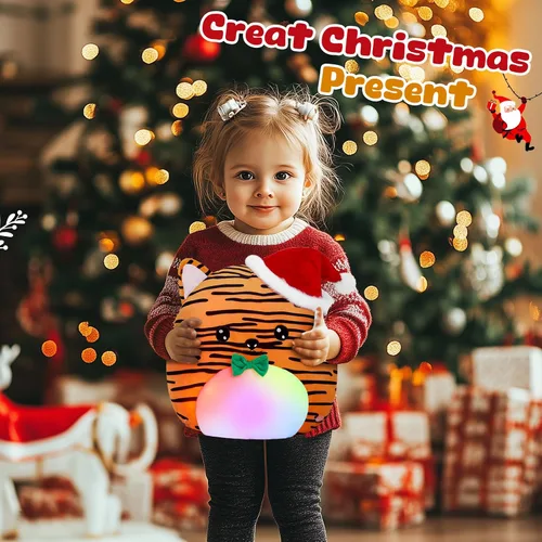 Miniatura 4 de Almohada de felpa de tigre de Navidad iluminada de 12 pulgadas, con animales de peluche de tigres musicales con luz LED nocturna, decoración