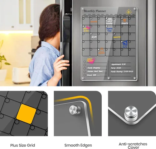 Miniatura 2 de Calendario magnético para refrigerador, calendario acrílico grueso para refrigerador con imanes fuertes, pizarra blanca transparente de borrado