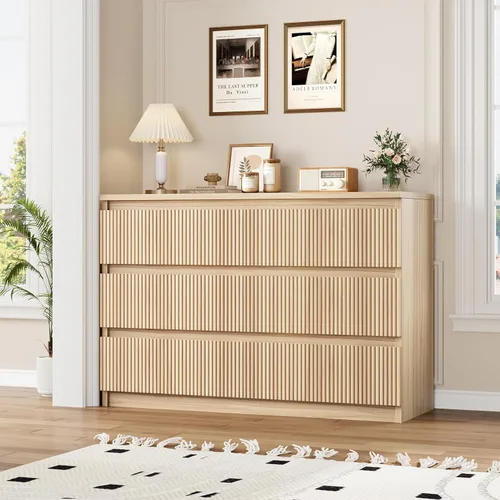 Miniatura 9 de Jocoevol Cómoda de Roble de 6 Cajones para Dormitorio, Cómoda Acanalada Moderna, Cómodas de Dormitorio con Cajones, Cofre Grande de Cajones