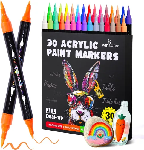 WINSONS Marcadores acrílicos, 30 bolígrafos de pintura de doble punta para pintura en roca, libros para colorear, tazas, zapatos de lona, metal,
