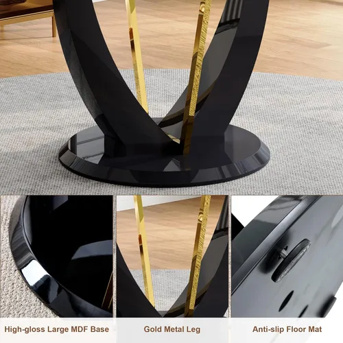 Miniatura 4 de Juego de mesa de comedor redonda para 4, mesa moderna de 48" con tapa de mármol sintético falso y pedestal brillante negro, juego de mesa de cocina