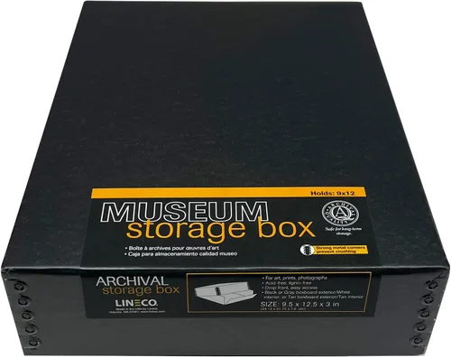 Miniatura 2 de Lineco, Caja de almacenamiento de museo 9x12x3, tapa removible y diseño frontal abatible. Archivo sin ácidos con borde de metal. Para almacenar Negro
