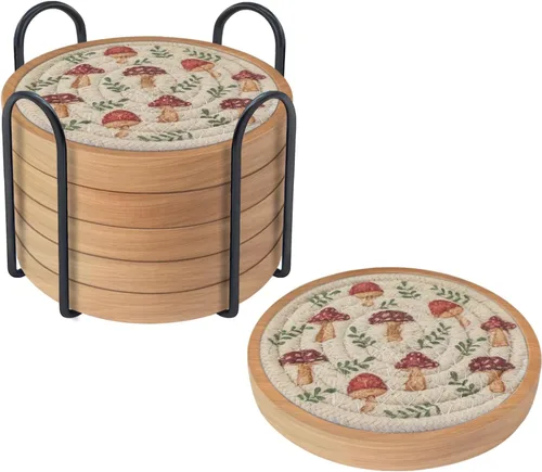 Miniatura 7 de Eykao Paquete de 5 posavasos absorbentes para bebidas, posavasos tejidos de 4.3 pulgadas para mesas de café, posavasos de madera para protección