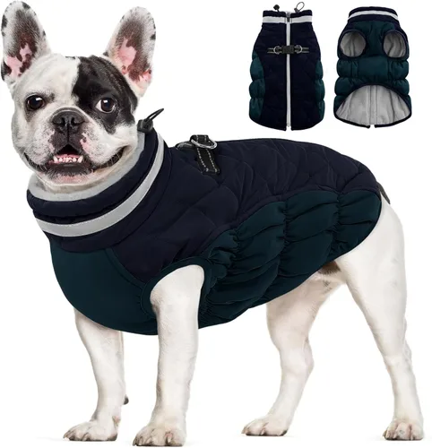 Miniatura 14 de AOFITEE Abrigo para perro, chaquetas cálidas para perros grandes, abrigo reflectante de cuello alto para perros con arnés integrado, impermeable