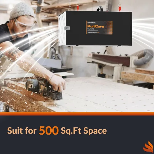 Miniatura 7 de Sistema de filtración de aire remoto de 3 velocidades PURISYSTEMS, filtro de aire colgante PuriCare 500 con control remoto RF para carpintería