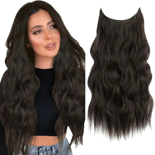 Miniatura 9 de Extensiones de cabello humano real con alambre invisible, alambre transparente, tamaño ajustable, 4 clips de seguridad, 18 pulgadas, negro, largo