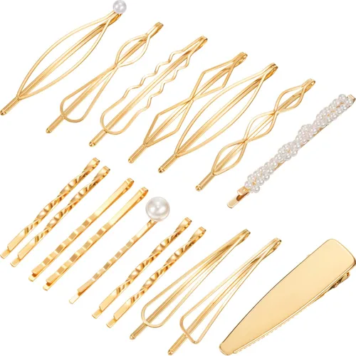 Yaomiao Juego de 17 horquillas doradas geométricas para el cabello, pasadores de metal dorado, joyería decorativa, accesorios para mujeres, bodas,