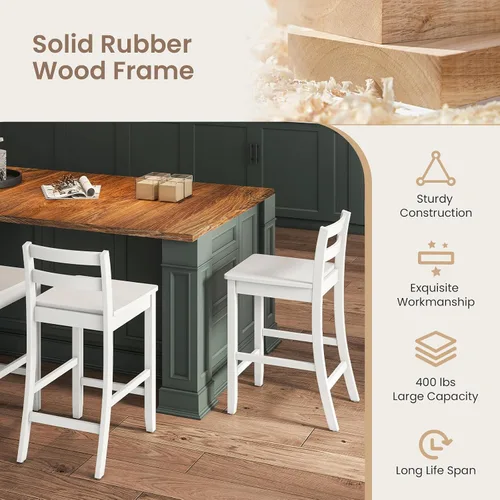 Miniatura 5 de COSTWAY Juego de 2 taburetes de bar de madera, taburetes de altura de mostrador de 24 pulgadas con respaldo ergonómico y reposapiés, sillas de Blanco