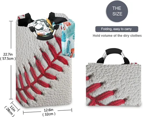 Miniatura 5 de Cesta de ropa sucia para ropa sucia, cesta de almacenamiento de béisbol, color blanco, bolsa de lavandería plegable con asa, cesta de manta