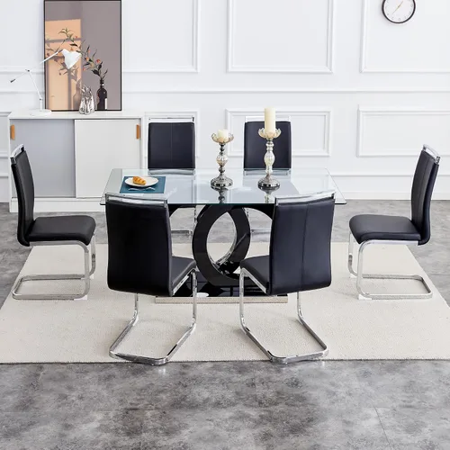 Miniatura 6 de Juego de mesa de comedor Ebullient para 6, juego de mesa de comedor de 7 piezas, tapa de mesa de cristal templado, mesa moderna de comedor con 6
