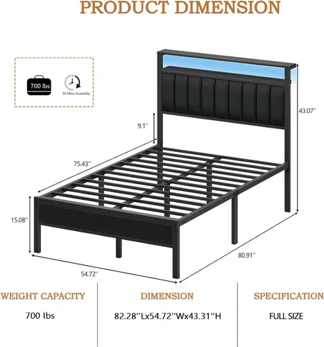 Miniatura 2 de Furnulem - Base de cama tamaño matrimonial con estación de carga y luces LED, plataforma con listones de metal, cabecera tapizada gris con estantes