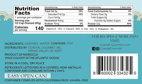 Miniatura 2 de Coastal Gourmet Sardinas en agua, sin sal añadida, 4.375 onzas (paquete de 12) (el embalaje puede variar)