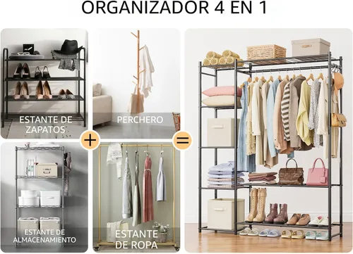 Miniatura 6 de Guardarropa con armario, estante portátil para ropa con 4 estantes, organizadores de armario independientes y sistema de almacenamiento con varillas
