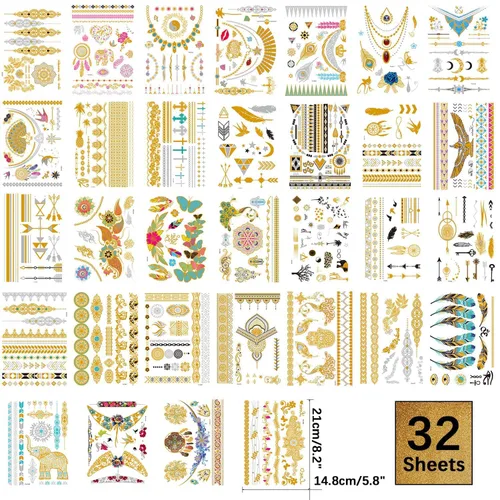 Miniatura 2 de Aresvns Tatuaje dorado metálico de 32 hojas, más de 340 tatuajes temporales flash para mujeres, adolescentes, niñas, niños, tatuajes de henna flash