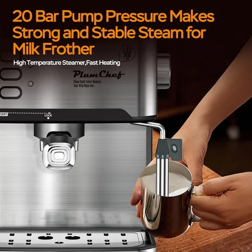 Miniatura 2 de Plum chef Máquina de café espresso profesional de 20 bar con espumador de leche, doble disparo, compatible con cápsulas ESE, tanque de agua