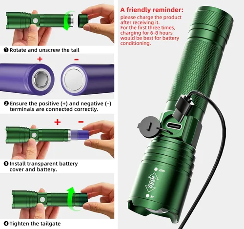 Miniatura 5 de Linterna recargable de alto lúmenes, paquete de 2 pequeñas y potentes linternas LED de mano superbrillantes, tipo C, funciona con pilas, luz táctica