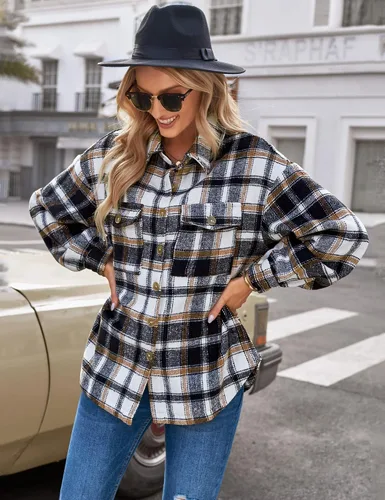 Miniatura 3 de GRAPENT Chaqueta de franela a cuadros de gran tamaño con botones para mujer, abrigos de manga larga