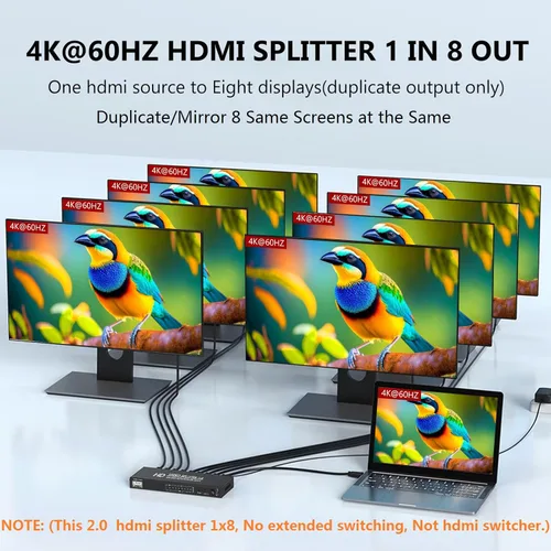 Miniatura 2 de Divisor HDMI 4K @60Hz 1x8 1 en 8 salidas, 4: 4: 4, 18 Gbps, 8 puertos alimentados HDMI 2.0 Splitter compatible con escalador automático hacia abajo