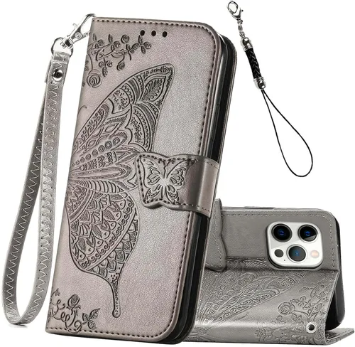 Miniatura 7 de Funda tipo cartera para iPhone 12 Pro/iPhone 12, funda con tapa para mujer con diseño de mariposa en relieve de piel sintética, soporte