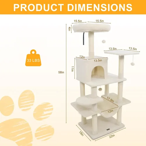 Miniatura 6 de DORTALA Árbol para gatos de interior, torre para gatos de 58 pulgadas de alto con percha superior, condominio, hamaca, postes rascadores de sisal, 3