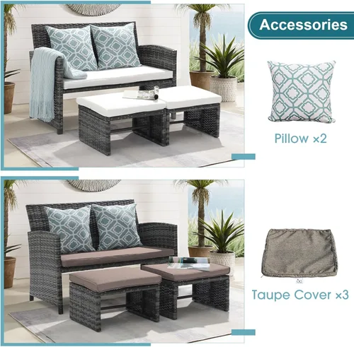 Miniatura 3 de OC Orange-Casual - Juego de muebles de patio, 3 piezas de sofá seccional de mimbre para exteriores con otomanos para el porche, ratán gris
