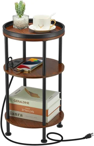 Miniatura 19 de Mesa auxiliar redonda pequeña con estación de carga para espacios pequeños, mesa decorativa de 3 niveles con puertos USB y tomas de corriente, mesa