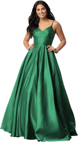 Vestidos de fiesta con cuello en V para mujer, vestido largo de fiesta de satén fruncido, vestido de noche con bolsillos CM139