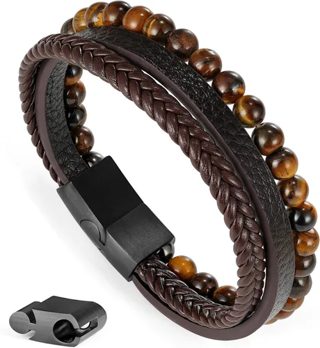 Pulseras de cuentas de cuero en capas para hombres, pulseras de cuero trenzado con ojo de tigre y piedra de lava para hombres con cierre magnético