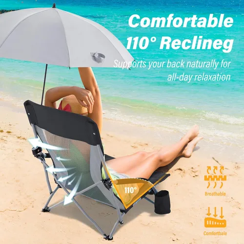 Miniatura 4 de Homcosan Silla de playa portátil baja plegable con paraguas desmontable, silla de campamento ligera para adultos con portavasos y bolsillo