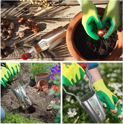 Miniatura 7 de FLORA GUARD Plantador de Bulbos con Marcadores de Profundidad - Transplantador de Semillas con Liberación Automática de Suelo para Plantar/Cavar
