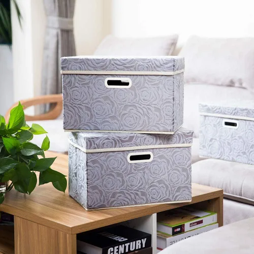 Miniatura 2 de PRANDOM Cajas de almacenamiento plegables con tapas, cubos de almacenamiento decorativos de tela, cubos organizadores, contenedores, cestas con Gris