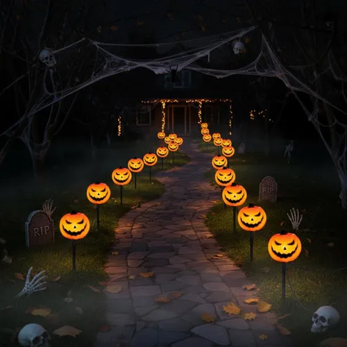 Miniatura 2 de Luces de Halloween para caminos al aire libre, 7 pies, luces de estaca de calabaza de Halloween con 4 bombillas LED C7 transparentes