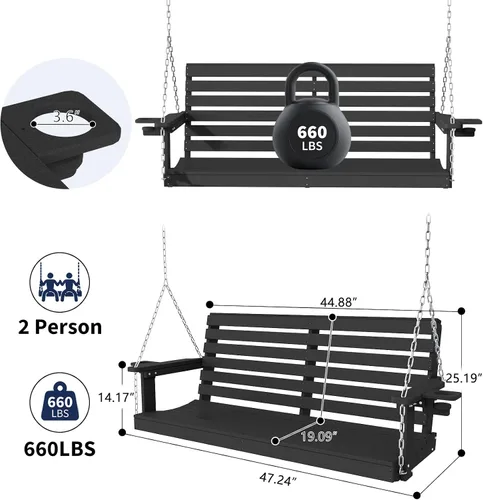 Miniatura 4 de Plawdlik Columpios de porche, silla de patio de 2 asientos con dos portavasos, banco impermeable de polietileno de alta densidad para patio