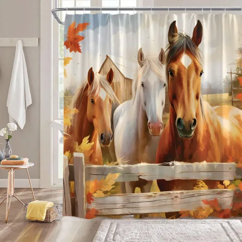 Cortina de ducha de caballo de granja, divertido animal de granja, caballo rústico, granero, garaje, vintage, occidental, otoño, acuarela, paisaje,