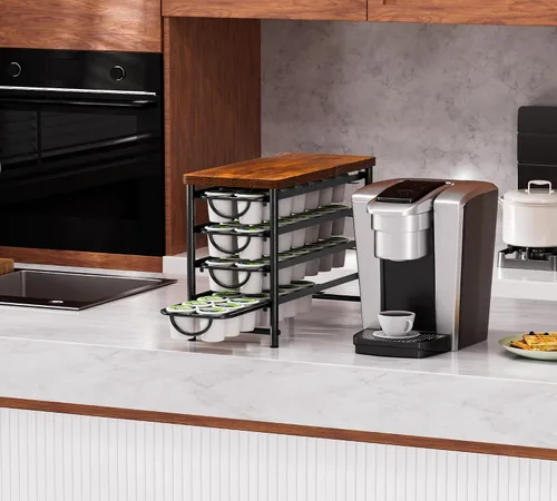 Miniatura 8 de HFHOME Soporte para cápsulas de café con parte superior de madera, compatible con K-Cups, cajón de almacenamiento de cápsulas de café de 4 niveles
